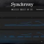 Screenshot of Synchrony audio plugin UI with a dark theme, showing multiple blue waveform panels and control bars.