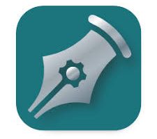 Teal rounded-square app icon showing a silver pen nib and gear, symbolizing writing or design tools.