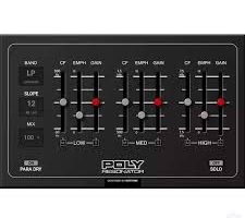 Guitar effects pedal with three vertical sliders and red knobs on a dark panel marked with a 'PLY' logo.