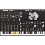Black hardware synthesizer with densely arranged knobs and a small piano-style keyboard at the bottom, suitable for studio use.