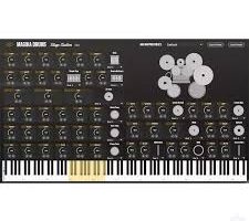 Black hardware synthesizer with densely arranged knobs and a small piano-style keyboard at the bottom, suitable for studio use.