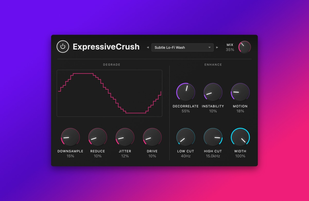 ExpressiveCrush audio plugin UI on a dark panel with a pink stepped waveform graph and multiple knobs labeled Degrade and Enhance above a purple-pink gradient background.